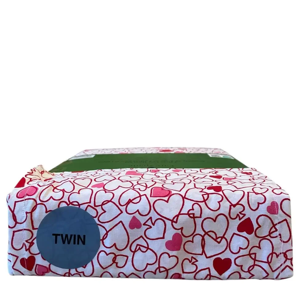 KATE SPADE Valentine's Day Pink Red Outline Hearts TWIN Cotton Sheet Set New